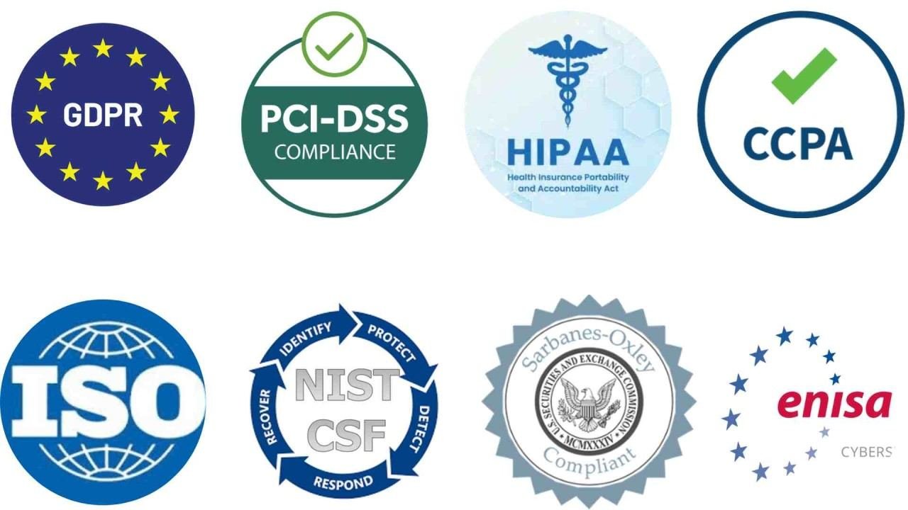 Logos of GDPR, PCI-DSS, HIPAA, CCPA, ISO, NIST CSF, SOX and ENISA compliance frameworks